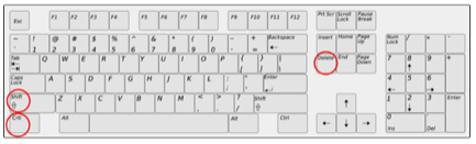 Photo of a Windows keyboard, with the keys Ctrl, Shift, and Delete all circled in red.