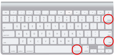 Photo of a Mac keyboard, with the keys Command, Shift, and Delete all circled in red.