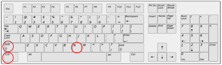 Photo of a Windows keyboard, with the keys Ctrl, Shift, and N all circled in red.