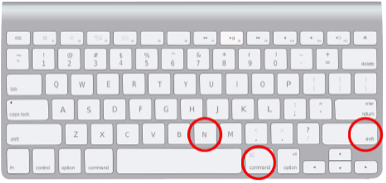 Photo of a Mac keyboard with the keys Command, Shift, and N all circled in red.