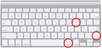 Photo of a Mac keyboard showing the keys Command, Shift, and P all circled in red.